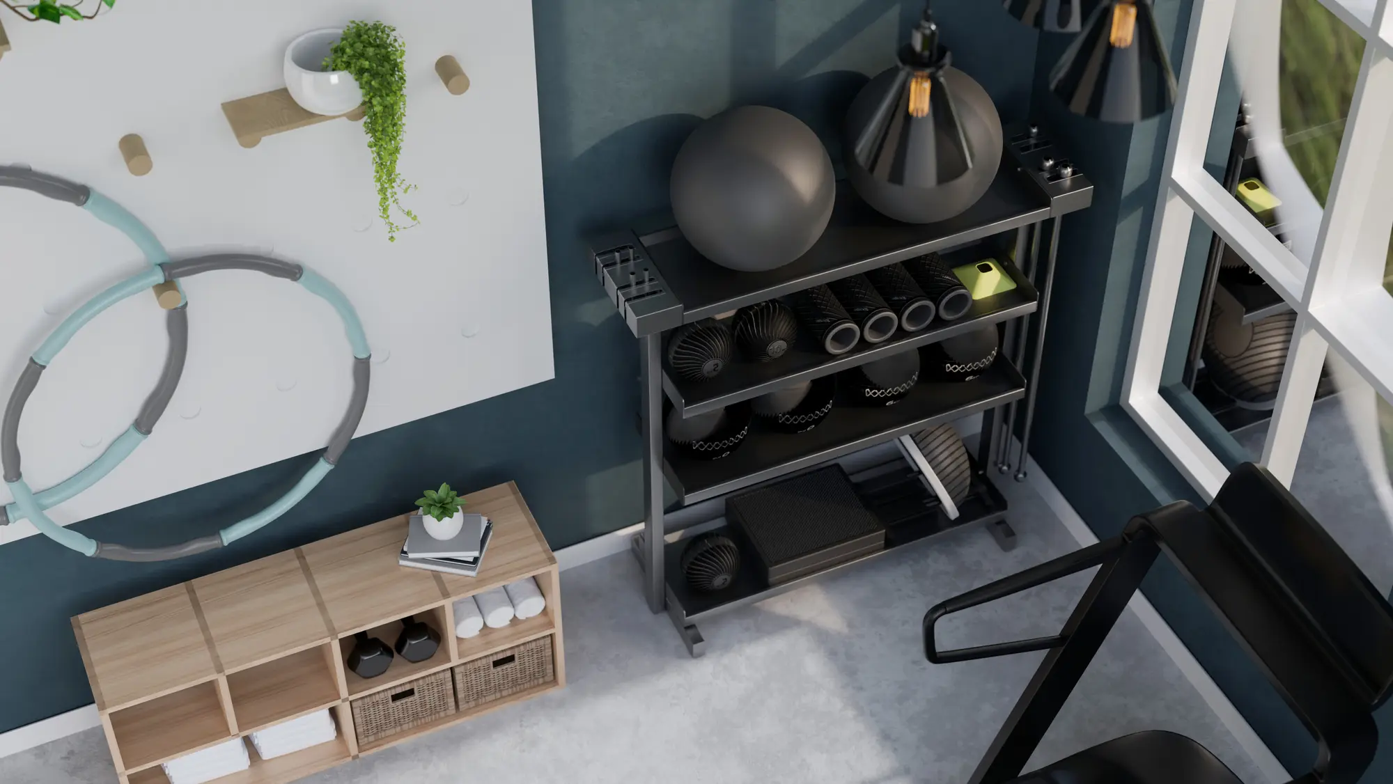 A tidy home gym corner with shelving, a fitness ball and a mat